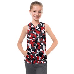 Black Red White Camouflage Pattern Kids  Sleeveless Hoodie by SpinnyChairDesigns