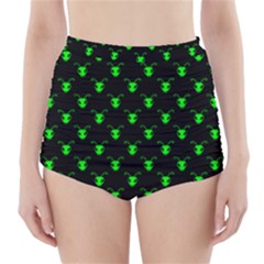 Neon Green Bug Insect Heads On Black High-waisted Bikini Bottoms by SpinnyChairDesigns