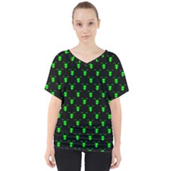 Neon Green Bug Insect Heads On Black V-neck Dolman Drape Top by SpinnyChairDesigns