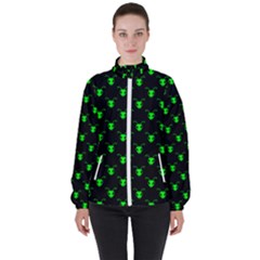 Neon Green Bug Insect Heads On Black Women s High Neck Windbreaker by SpinnyChairDesigns