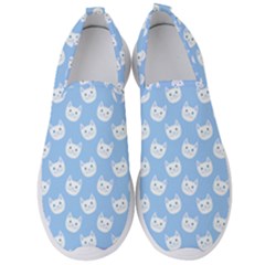 Cute Cat Faces White And Blue  Men s Slip On Sneakers by SpinnyChairDesigns