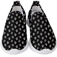 Cat Dog Animal Paw Prints Black And White Kids  Slip On Sneakers by SpinnyChairDesigns