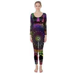 Colorful Rainbow Colored Arabesque Mandala Kaleidoscope  Long Sleeve Catsuit by SpinnyChairDesigns