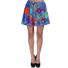 Cosmos Flowers Blue Red Skater Skirt by DinkovaArt