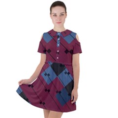 Burgundy Black Blue Abstract Check Pattern Short Sleeve Shoulder Cut Out Dress 