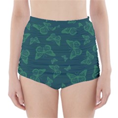 Midnight Green Butterflies Pattern High-waisted Bikini Bottoms by SpinnyChairDesigns