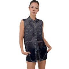 Black Tourmaline Stone Geometric Pattern Sleeveless Chiffon Button Shirt