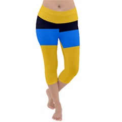 Bright Yellow With Blue Lightweight Velour Capri Yoga Leggings by tmsartbazaar