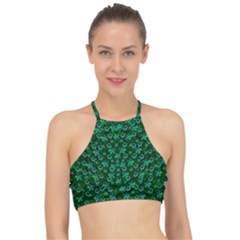 Leaf Forest And Blue Flowers In Peace Racer Front Bikini Top by pepitasart