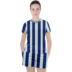 Navy In Vertical Stripes Women s Tee And Shorts Set