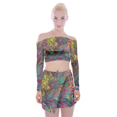 Abstract Marbling Off Shoulder Top With Mini Skirt Set by kaleidomarblingart