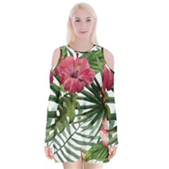 Monstera Flowers Velvet Long Sleeve Shoulder Cutout Dress by goljakoff