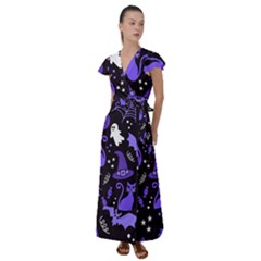 Halloween Party Seamless Repeat Pattern  Flutter Sleeve Maxi Dress by KentuckyClothing