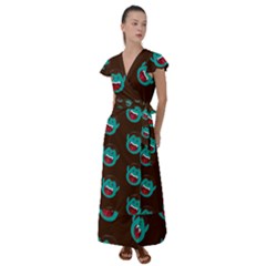 Frankenstein Halloween Seamless Repeat Pattern  Flutter Sleeve Maxi Dress by KentuckyClothing