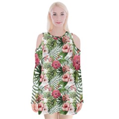 Monstera Flowers Pattern Velvet Long Sleeve Shoulder Cutout Dress by goljakoff