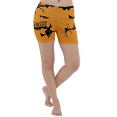 Happy Halloween Scary Funny Spooky Logo Witch On Broom Broomstick Spider Wolf Bat Black 8888 Black A Lightweight Velour Yoga Shorts by HalloweenParty