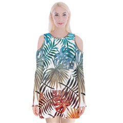 Blue Tropical Leaves Velvet Long Sleeve Shoulder Cutout Dress by goljakoff