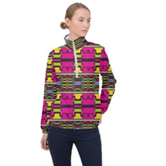 Pink Yellow Green Shapes                                                       Women Half Zip Windbreaker