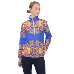 Yellow Red Shapes On A Blue Background                                                          Women Half Zip Windbreaker