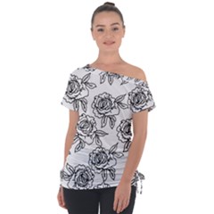 Line Art Black And White Rose Off Shoulder Tie-up Tee