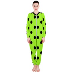 Large Black Polka Dots On Chartreuse Green - Onepiece Jumpsuit (ladies)  by FashionLane