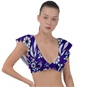 Floral blue pattern  Plunge Frill Sleeve Bikini Top View1