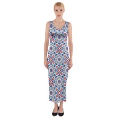 Blue Tile Pattern Fitted Maxi Dress