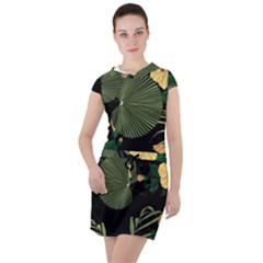 Tropical Vintage Yellow Hibiscus Floral Green Leaves Seamless Pattern Black Background  Drawstring Hooded Dress by Sobalvarro