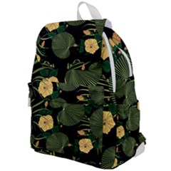 Tropical Vintage Yellow Hibiscus Floral Green Leaves Seamless Pattern Black Background  Top Flap Backpack by Sobalvarro