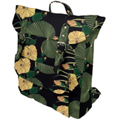 Tropical Vintage Yellow Hibiscus Floral Green Leaves Seamless Pattern Black Background  Buckle Up Backpack by Sobalvarro