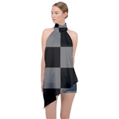 Black Gingham Check Pattern Halter Asymmetric Satin Top by yoursparklingshop