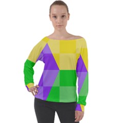 Purple Yellow Green Check Squares Pattern Mardi Gras Off Shoulder Long Sleeve Velour Top by yoursparklingshop