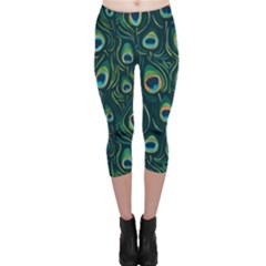 Watercolor Peacock Feather Pattern Capri Leggings  by ExtraAwesomeSauce