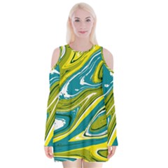 Green Vivid Marble Pattern Velvet Long Sleeve Shoulder Cutout Dress by goljakoff