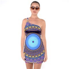 Blue Violet Midnight Sun Mandala Hippie Trippy Psychedelic Kaleidoscope  One Soulder Bodycon Dress by CrypticFragmentsDesign