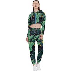 Night Banana Leaves Cropped Zip Up Lounge Set