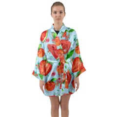 Juicy Blue Print With Watermelons, Strawberries And Peaches Long Sleeve Satin Kimono by TanitaSiberia