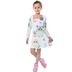 Owls On A White Background With Cacti Kids  Long Sleeve Velvet Dress by TanitaSiberia