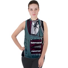 Colored Creepy Man Portrait Illustration Mock Neck Chiffon Sleeveless Top