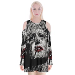 Creepy Head Sculpture Artwork Velvet Long Sleeve Shoulder Cutout Dress by dflcprintsclothing