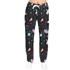 Funny Astronauts, Rockets And Rainbow Space Women Velvet Drawstring Pants by SychEva