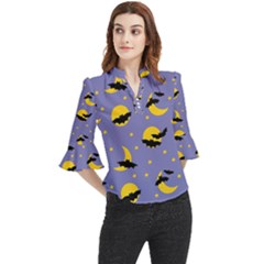 Bats With Yellow Moon Loose Horn Sleeve Chiffon Blouse