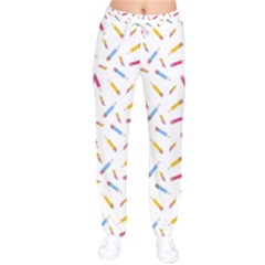 Multicolored Pencils And Erasers Women Velvet Drawstring Pants by SychEva