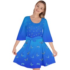 Butterflies At Blue, Two Color Tone Gradient Velour Kimono Dress by Casemiro