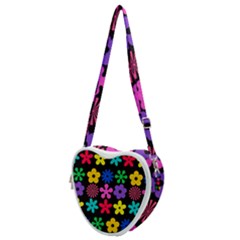 Colorful Flowers On A Black Background Pattern                                                        Heart Shoulder Bag by LalyLauraFLM