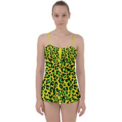 Yellow And Green, Neon Leopard Spots Pattern Babydoll Tankini Set by Casemiro