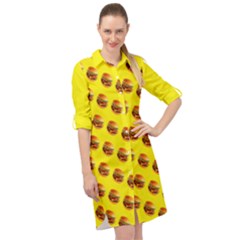 Vector Burgers, Fast Food Sandwitch Pattern At Yellow Long Sleeve Mini Shirt Dress by Casemiro