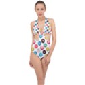 Delicious Multicolored Donuts On White Background Halter Front Plunge Swimsuit View1