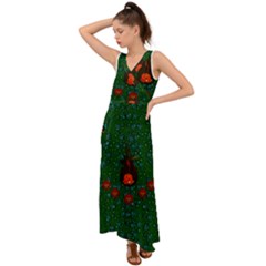 Halloween Pumkin Lady In The Rain V-neck Chiffon Maxi Dress by pepitasart