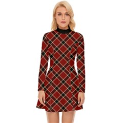 Dark Red Tartan, Retro Buffalo Plaid, Tiled Pattern Long Sleeve Velour Longline Dress by Casemiro